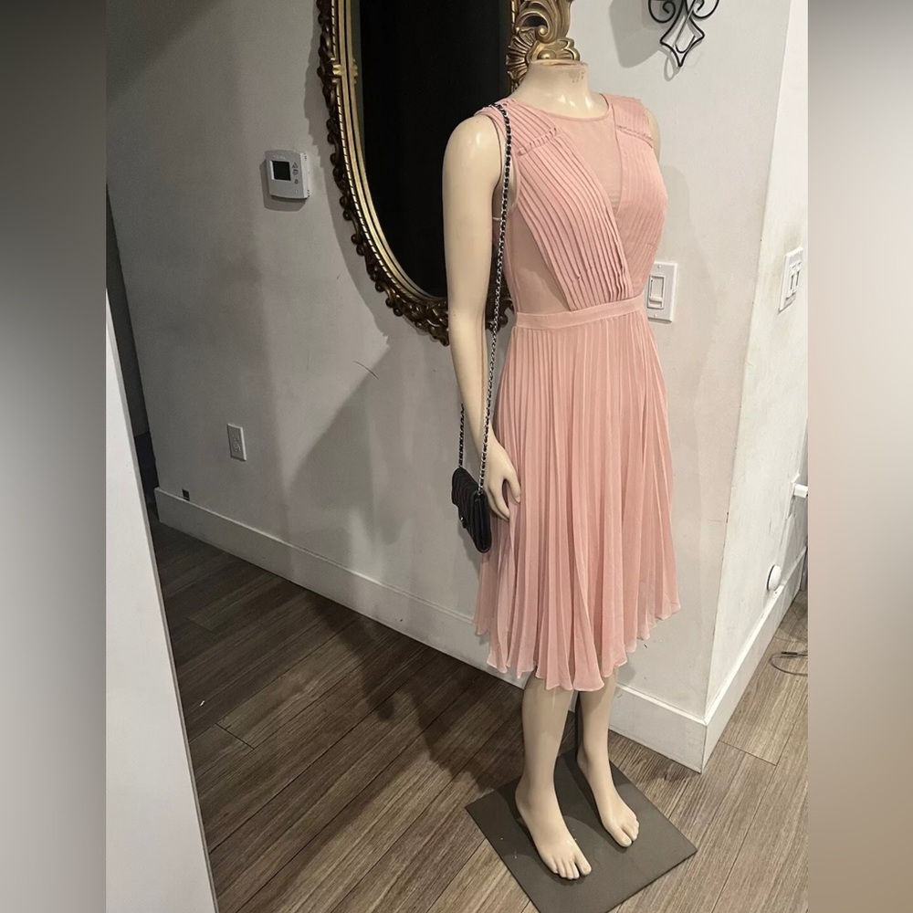 bcbg maxazria Pleated Pink dress deborah shadow blush sheer cutout size 0